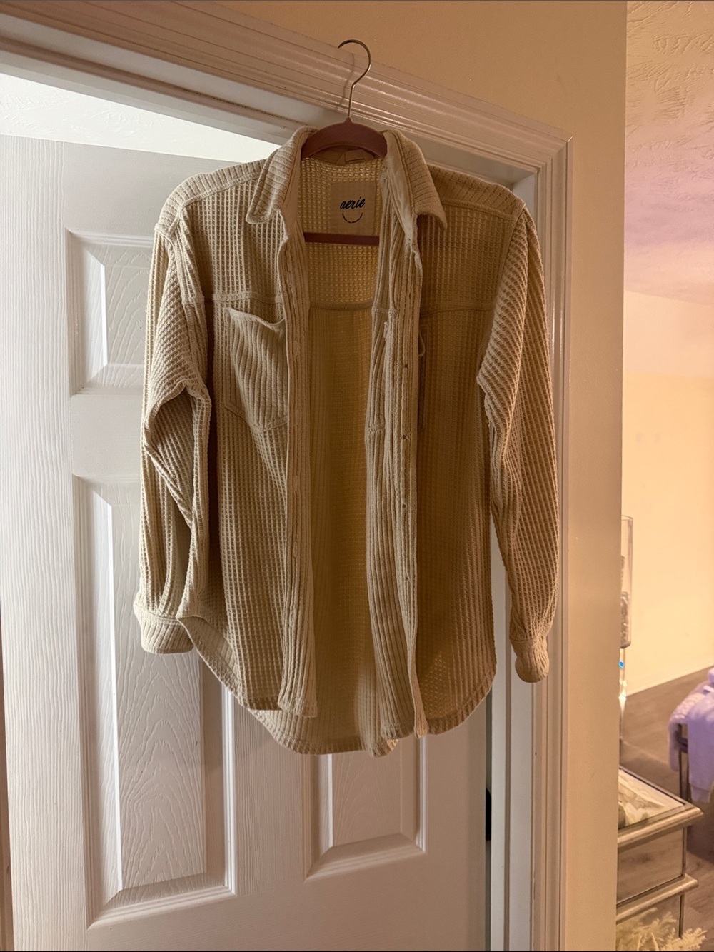 aerie Cream Waffle-Knit Cardigan with Chest Pockets